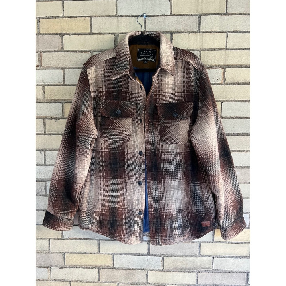 Jachs New York Brown Plaid Wool Blend Flannel Shirt Jacket Shacket Men's Medium
